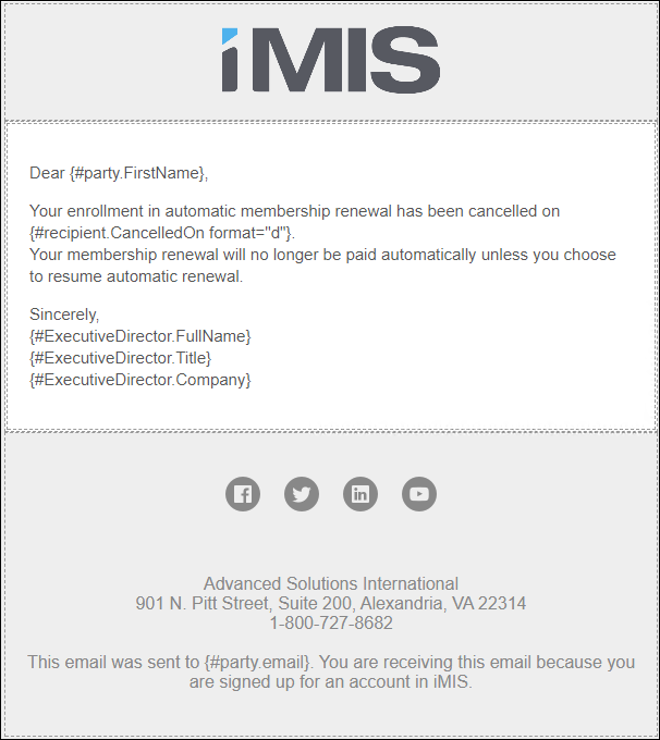 Email template for notifying the cancellation of an automatic membership renewal, detailing the cancellation date and a reminder of membership renewal policies, accompanied by executive contact details and social media links.